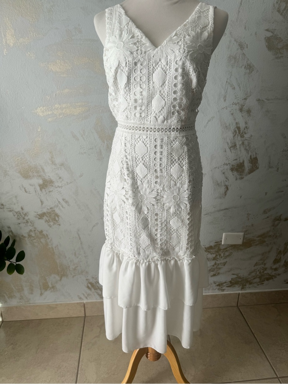 Lena White Lace Midi Dress with Tiered Ruffle Hem